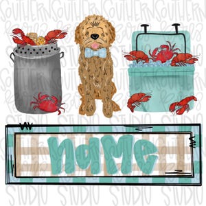 May include: A digital illustration featuring a golden doodle wearing a light blue bow tie, a grey metal pot filled with crawfish and corn, a teal cooler packed with red crawfish, and a rectangular sign with the word name in teal letters.