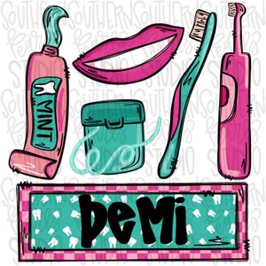 May include: A pink and teal checkered banner with the text "be Mi" in black. The banner is surrounded by images of dental hygiene products, including a tube of toothpaste, a toothbrush, a toothbrush with a pink handle, and a container of dental floss.