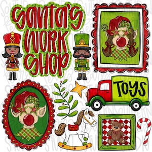 May include: A Christmas-themed design with the text "Santa's Work Shop". The image includes illustrations of a toy soldier, elf portraits, a red truck with "TOYS" on the side, a rocking horse, a teddy bear, and a candy cane. The colour scheme is red and green.