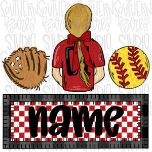 Peut inclure: Un maillot de softball rouge avec un numéro "1" blanc au dos. Le maillot est porté par une fille aux cheveux blonds et un nœud rouge. Un gant de baseball marron, un ballon de softball jaune et une bannière à carreaux rouge et blanc avec le mot "name" sont également inclus dans l'image.