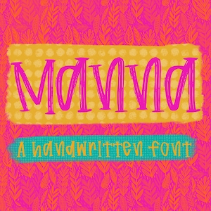 Puede incluir: Ilustración digital con la palabra "Mama" en rosa brillante, escrita a mano, sobre un fondo amarillo punteado. Debajo, el texto "A handwritten font" se muestra en una pancarta turquesa. El fondo es un patrón de hojas rosas y naranjas.