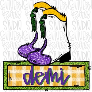 May include: A digital illustration of white boots with yellow cuffs, green tassels, and purple glittery toes. Below the boots is a rectangular sign with a yellow and white checkered pattern, a green border, and the word demi written in purple.
