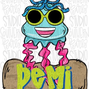 May include: A cartoon jellyfish illustration with a blue glittery bow, lime green sunglasses, and a wide smile. The jellyfish has pink tentacles hanging over a brown wooden-style sign with the name "Demi" written in large lime green letters.