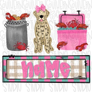 Op de afbeelding: Een digitale illustratie met een grijze soeppan met rode rivierkreeften, een beige hond met een roze strik en een roze koelbox gevuld met rode rivierkreeften. Daaronder toont een rechthoekig bord met ruitpatroon de tekst name in het roze.