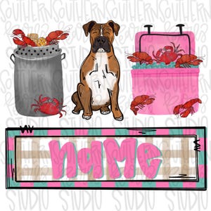 Op de afbeelding: Een digitale illustratie met een bruin-witte boxerhond zittend tussen een grijze metalen pan gevuld met rivierkreeftjes en maïs, en een roze koelbox met rode rivierkreeftjes. Onderaan staat een rechthoekig bord met het woord name in roze.