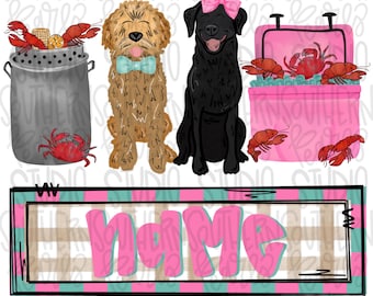 Crawfish boil with black lab and Goldendoodle trio | girl name patch  | Crawfish Season | Sublimation Design | Digital Download | Kids PNG