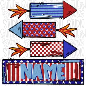 May include: Three firework rockets with flames, featuring blue stripes, red stars, and a red checkerboard pattern. Below, a rectangular sign with red and white vertical stripes, blue stars on the border, and the word NAME in blue letters.