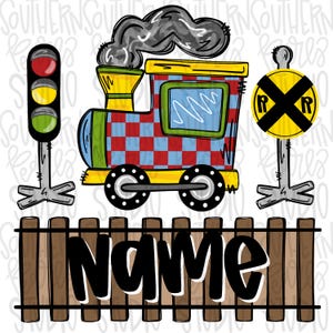 May include: A colorful cartoon train with a red and blue checkered body, yellow wheels, and a black smoke plume. The train is on a brown wooden track with a brown wooden fence. The text "NAME" is printed on the fence. There is a red and black railroad crossing sign and a traffic light with red, yellow, and green lights.
