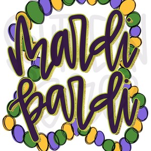Puede incluir: Texto "Mardi Gras" en morado y dorado con un círculo de cuentas verdes, moradas y doradas alrededor.