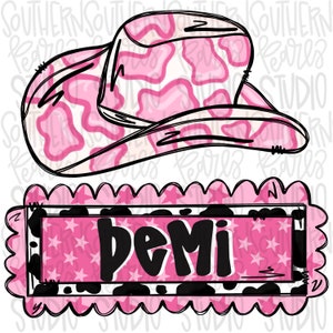May include: A pink and white cow print cowboy hat illustration positioned above a rectangular scalloped-edge name tag featuring a pink star pattern, a black cow print border, and the name Demi written in bold black lettering.