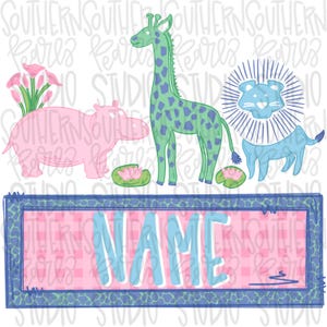 May include: A digital illustration featuring a pink hippopotamus, a green giraffe with blue spots, and a blue lion head with a mane. Below the animals is a rectangular frame with a pink checkered background and the word NAME in blue letters.