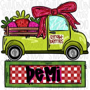 Puede incluir: Una camioneta verde con un lazo rojo en la parte superior, llena de fresas rosas y rojas. La camioneta tiene un letrero que dice "fresas" y las palabras "be mi" están escritas sobre un fondo a cuadros rojo y blanco.