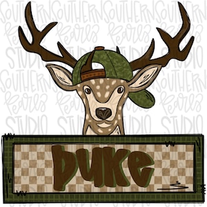 May include: A cartoon deer with brown antlers wearing a green camouflage baseball cap, positioned above a rectangular sign with a tan and brown checkered pattern. The sign features the name Duke written in large, dark brown, bold lettering.