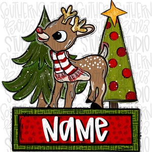 May include: A cartoon reindeer with gold glitter antlers and a red and white striped scarf stands between a green pine tree and a decorated Christmas tree with a yellow star. Below the reindeer is a rectangular sign with the word Name in white.