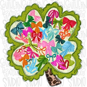 May include: A large, four-leaf clover illustration with a green polka-dot border and a brown leopard-print stem. The clover is filled with a variety of colorful bows in shades of pink, red, orange, blue, green, and teal, arranged in a cluster.