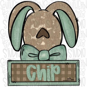 Op de afbeelding: Een bruin konijn met groene oren en een blauwe strik. Het konijn draagt een naambordje met de tekst "Chip" in groene letters op een bruin-wit geruite achtergrond.