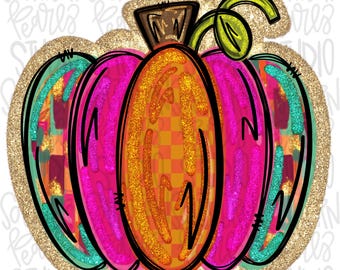 May include: A decorative pumpkin illustration featuring a vibrant color palette of hot pink, bright orange, and turquoise. The pumpkin has a checkered pattern, a glittery gold texture, and a green stem, all outlined in bold black lines.