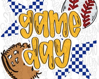 May include: A graphic design featuring the yellow text "game day" in a bubbly font. The design includes a white baseball with red stitching, a brown leather baseball glove, and two blue and white checkered star-shaped patterns.