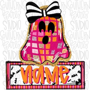 May include: A whimsical Halloween-themed graphic featuring a pink plaid ghost with a black and white striped bow. The ghost has a gold glitter outline and a rectangular nameplate with bats and the word "NAME" in orange.