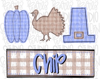 May include: A digital graphic featuring a blue gingham pumpkin, a brown turkey silhouette, and a blue gingham pilgrim hat arranged above a rectangular banner with a brown plaid pattern containing the blue text Chip in a script font.