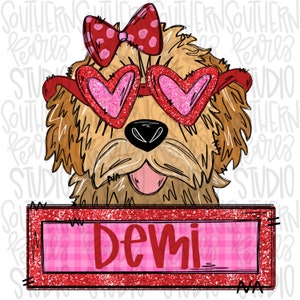 May include: A cartoon illustration of a dog wearing heart-shaped sunglasses and a polka-dot bow. The dog's name, "Demi," is displayed on a pink and red sign. The design has a Valentine's Day theme.