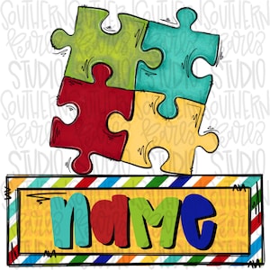 May include: A colorful graphic featuring four interlocking puzzle pieces in green, teal, red, and yellow. Below, a rectangular banner displays the word "NAME" in vibrant, multi-colored letters against a yellow background with a striped border.