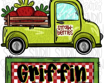 Aardbeientruck met naam Patch Boy | Sublimatieontwerp | Digitale download | Dames, kinderoverhemd PNG