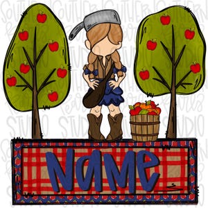 Flicka som plockar äpplen från äppelträd med namnlapp | Sublimeringsdesign | Digital nedladdning | Dam-, barnskjorta PNG