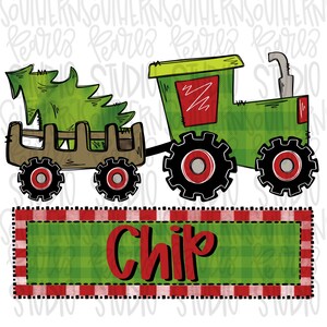 May include: A green tractor with red accents pulling a brown trailer containing a green pine tree. Below the tractor is a rectangular green sign with a red and white checkered border featuring the red text Chip in a bold, handwritten font.