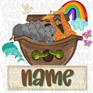 May include: A digital illustration of a brown wooden ark containing two gray elephants and two orange giraffes. Below the ark, a rectangular box contains the word name in brown letters. A rainbow, a white dove, two green crocodiles, and two butterflies.