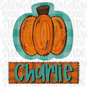 Calabaza a cuadros con parche de nombre / Diseño de sublimación / Descarga digital / Camiseta para mujer y niño PNG
