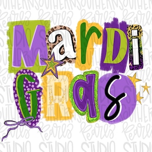 May include: A graphic design featuring the text Mardi Gras in a stylized font. The letters are decorated with purple, green, and gold colors, leopard print patterns, polka dots, and a purple star. A purple bow is attached to the letter G.