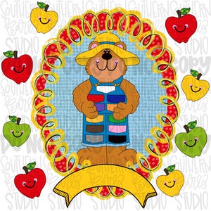 90s vintage school frame with apples and bear wearing overalls png | BLANK ADD your own name | school png, teacher png | Digital Download