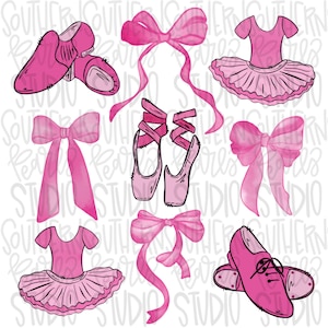 May include: Pink watercolour illustrations of ballet shoes, a tutu, a leotard, and bows. The illustrations are ideal for scrapbooking, card making, or other craft projects.