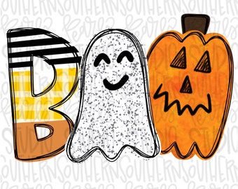 May include: A graphic illustration featuring the word BOO. The letter B has black horizontal stripes, a yellow gingham pattern, and a solid orange base. A white ghost with black speckles and a smiling face replaces the O, and an orange pumpkin follows.