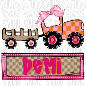 May include: A pink and orange tractor with a checkered pattern pulls a brown wagon. The tractor has a large pink bow on top. A sign with the word "Demi" in pink letters is below the tractor.