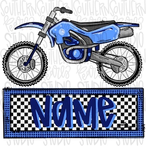 Blauwe crossmotor met naampatch | Sublimatieontwerp | Digitale download | Damesshirt, kindershirt, png