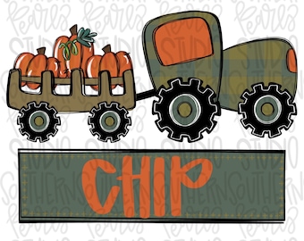 May include: A digital illustration of an olive green tractor pulling a brown wagon filled with orange pumpkins. Below the tractor is a rectangular olive green sign with a stitched border containing the orange text CHIP in a handwritten font.