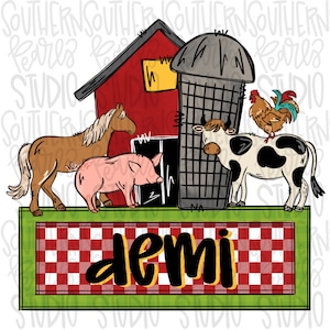 May include: A red barn with a silo, a brown horse, a pink pig, a black and white cow, and a rooster. The animals are standing on a green and red checkered surface with the word "demi" written in black.