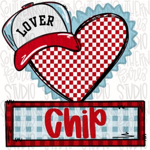 May include: A graphic design featuring a white baseball cap with the word LOVER in black text and a red brim, positioned over a red and white checkered heart. Below is a rectangular frame with a blue and white gingham pattern and the word Chip.