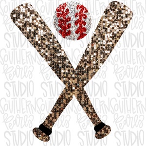 May include: Two gold glitter baseball bats crossed over each other with a red and white baseball in the center.