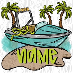 May include: A turquoise boat with a yellow bow, palm trees, and the word "MOM" in green. The boat has a silver frame and lights. The design is on a white background.