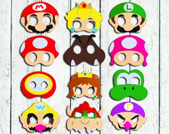 Super Mario-maskers, Super Mario-printables, Super Mario-feest, kostuum, digitale, afdrukbare kindermaskers, carnaval, Super Mario-verjaardag
