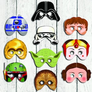May include: Set of 10 Star Wars character masks. The masks are made of cardboard and feature various characters from the Star Wars franchise, including Darth Vader, R2-D2, C-3PO, Yoda, Princess Leia, and Chewbacca.