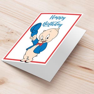 Tarjeta de felicitación de cumpleaños de Porky Pig en formato PDF, impresión plegable A5, descarga instantánea, cumpleaños infantil