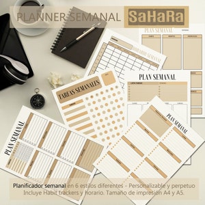Planner semanal 6 diseños en Castellano, Español. SAHARA. Personalizable y perpetuo. Tamaños impresion A4 y A5.