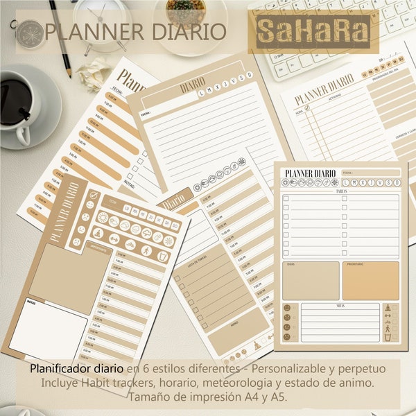 Planner Diario en Castellano, Español. SAHARA. Personalizable y perpetuo. Tamaños A4 y A5.