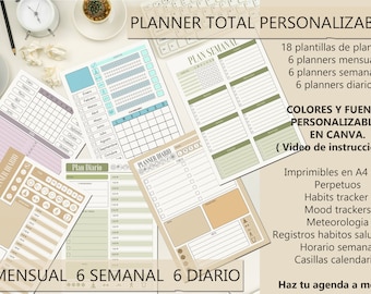 Plantillas planner mensual, semanal y diarios. 18 plantillas perpetuas e imprimibles personalizables en Canva.