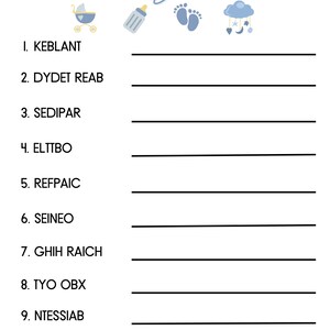 Printable Baby Scramble Game, Blue Baby Shower Games, Baby Shower Party ...