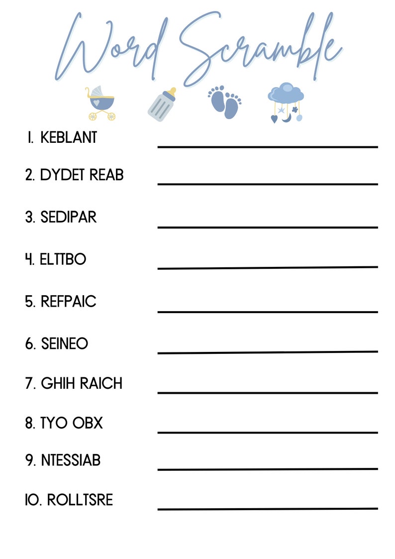 Printable Baby Scramble Game, Blue Baby Shower Games, Baby Shower Party ...